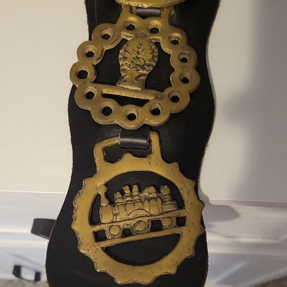 VTG (4) Brass Horse Harness Bridle Medallion Badges on leather strap - Picture 3 of 4